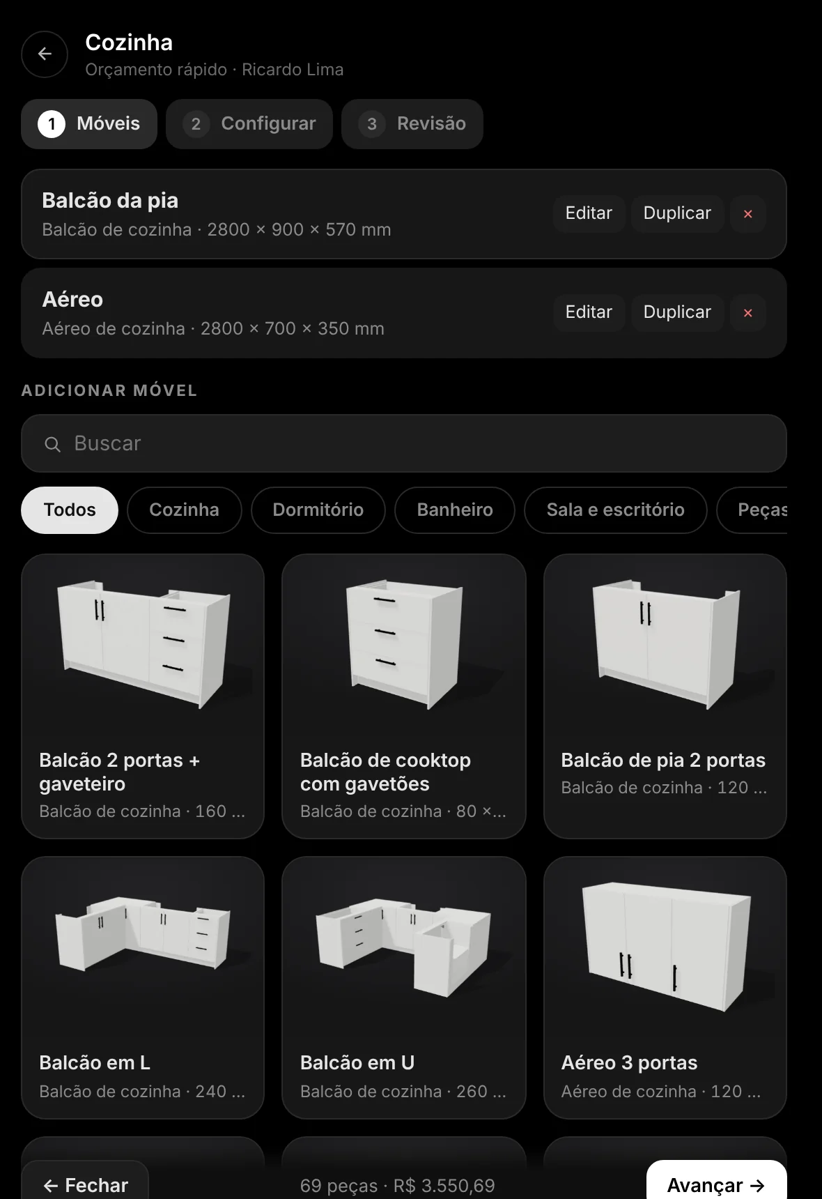 Orçamento rápido: catálogo de móveis com miniaturas 3D